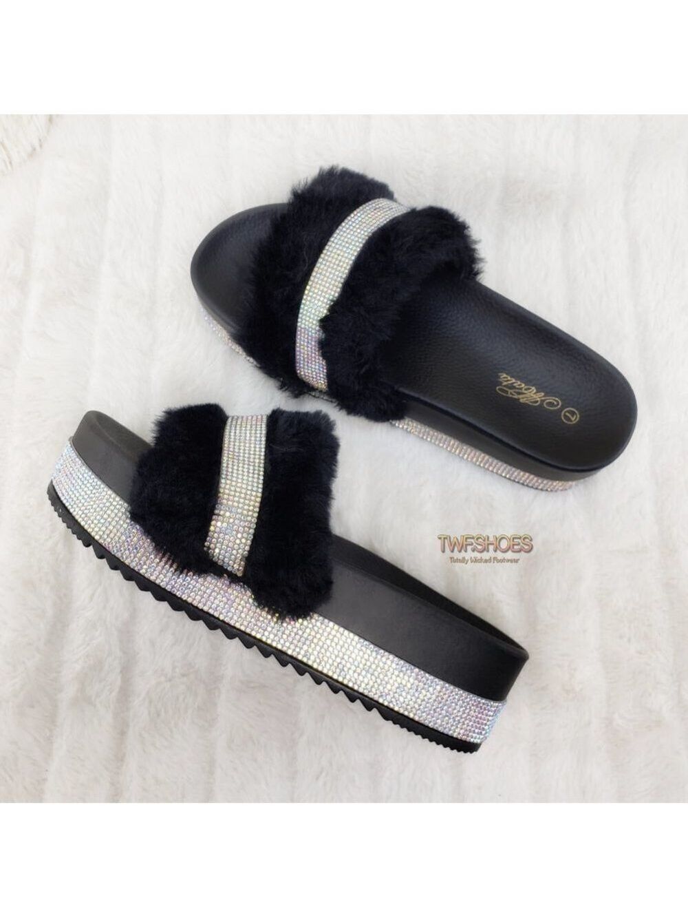 Furry Rhinestone platform sandals 👡 😍 Slippers